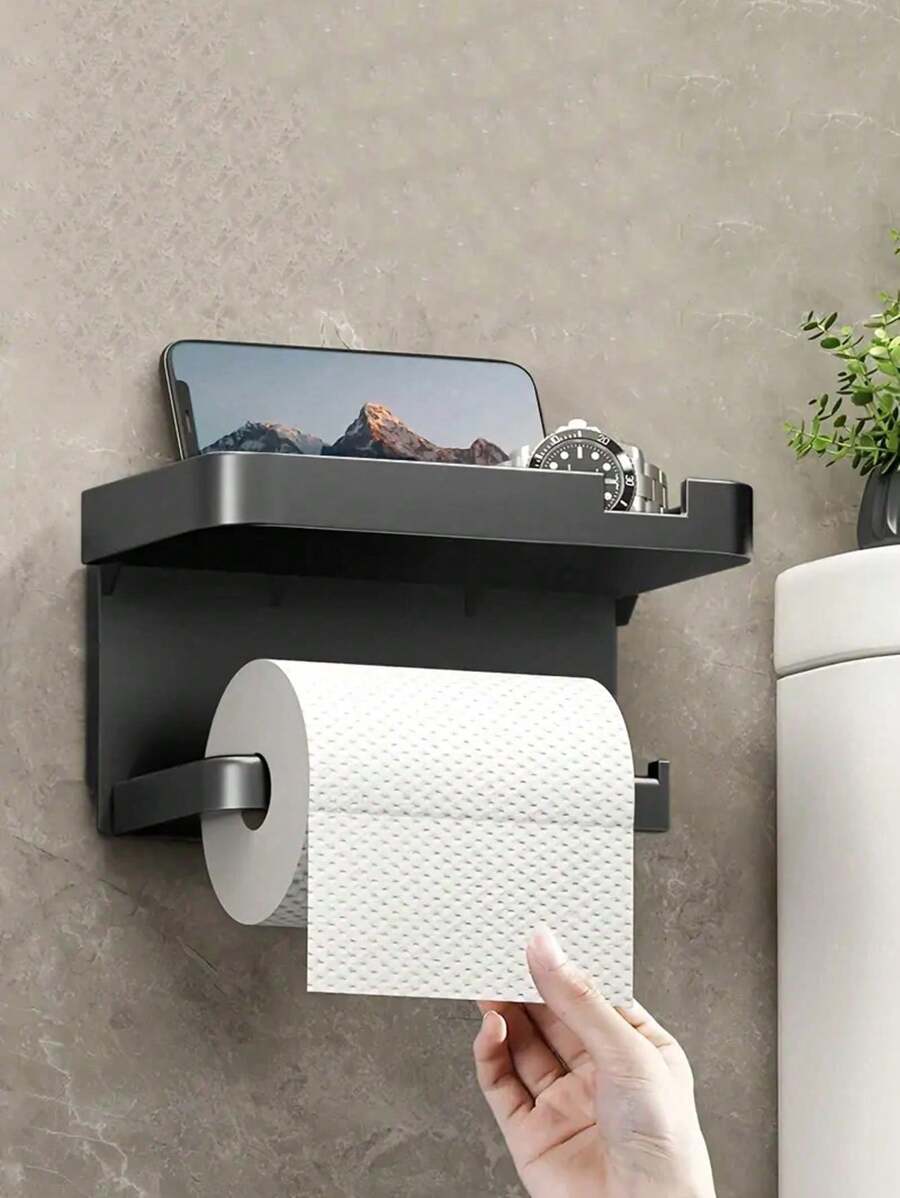 1pc Wall-Mounted Plastic Tissue Rack, Dual-Purpose No Hole Tissue Holder For Bathroom And Toilet - Convenient Organizing Acces