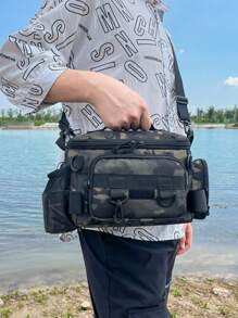 1 pièce Sac à appâts de pêche multi-compartiments imperméable avec motifs camouflage et géométriques - Couleurs unies, fermeture éclair, sangle d'épaule. Idéal pour le rangement du matériel de randonnée, de camping et de pêche en extérieur