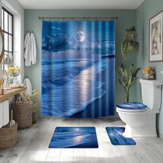 Juego de 1/4 piezas de cortina de ducha con estampado de paisaje de playa, concha marina, faro, texto y animales. Incluye alfombra de baño con 12 ganchos. Decoración para el hogar, cuarto de baño y ducha. Lavable a máquina. Diseños exquisitos de vuelta al colegio.