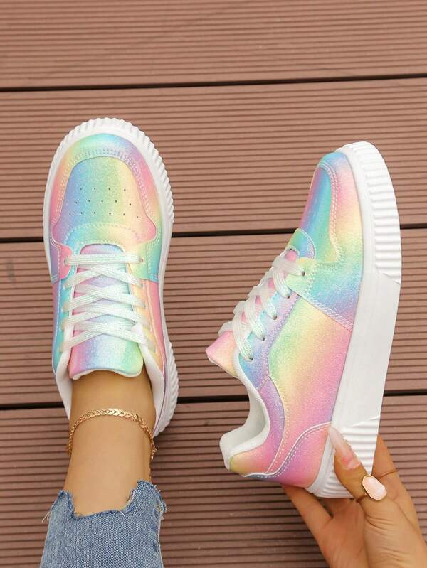 2025 Women's Casual Sports Shoes With Iridescent Reflective Metallic Decor, Round Toe Fashion Lightweight Non-Slip Outdoor Sneakers, Round Toe Front Lace-Up Breathable Simple Outdoor Non-Slip Versatile Multi-Color Women's Casual Flats