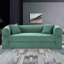 Compression Sofa - Convertible Floor Foldable Sofa Bed - With 2 Pillows, Corduroy, Queen Size - Aqua - View 2