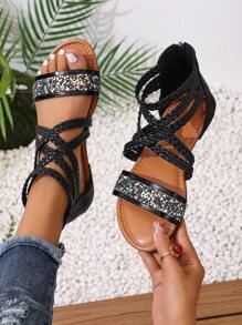 New Bohemian Woven Black Flat Sandals, Fashion Glitter Accent Zipper Back Design Breathable Black Gladiator Sandals, Comfortable High-End Non-Slip Strap Casual Metallic Roman Shoes For Women, Sexy Backless Black Shoes, Lightweight Flat Casual Shoes Suitable For Vacation And Work, Versatile Round Toe Strap Campus Flat Sandals, Black Sandals Suitable For Beach And Indoor Wear