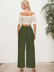 SANOPY Women's Pants,Wide Leg Pants Woman,Women Trouser Pants,Women's Rubber Band High Waist Wide Leg Casual Pants With Button Army Green Pants Pockets - 軍綠色 - 查看 3