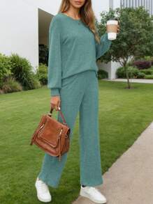 hoteel Casual Two Piece Outfits: Pullover Long Sleeves Knit Top + Loose Straight Pants With Pockets, Idea To Daily Wear, Woman Clothes - màu xanh lá - Xem 3
