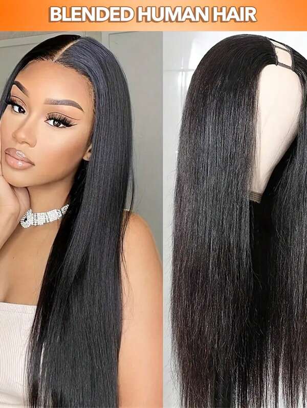 Eulisi Peluca larga y recta con raya en V para mujeres, peluca con forma de V, media peluca negra sin pegamento y sin dejar cabello natural, peluca sintética con raya en U recta para mujeres, peluca completa de cabello natural negro lacio de 20 pulgadas