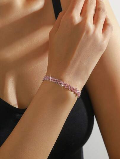 粉色闪亮水钻装饰派对风格女士手链，优雅礼物手链
