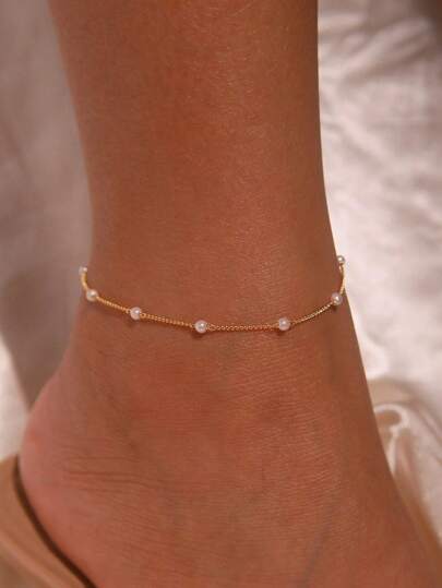 1条波西米亚风迷你仿珍珠脚链，精致串珠仿珍珠脚链，可调节不锈钢链，夏季海滩时尚配饰