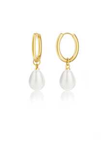 1 paire de boucles d'oreilles créoles en acier inoxydable pour femmes, style goutte d'eau avec perle, dorées/argentées, imperméables et inaltérables, convenant à un port quotidien
