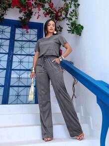 Suede Set, Wide Leg Pants And Basic T-Shirt Top, Size M To EXG Plus Size - 灰色 - 查看 1