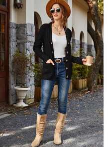 Women's Knitted Cardigan Long Sleeve Cardigan Button Sweater Sweater Coat Single Breasted Long Sleeved Sweater Cardigan For Ladies Long Sleeve Cable Knit Long Cardigan For Women 2025 Fall Winter Chunky Open Front Button Sweaters With Pockets - màu đen - Xem 2