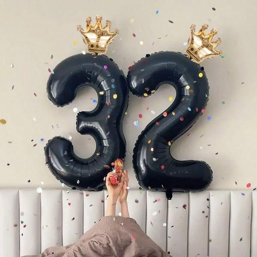 1 Set 32-Inch Black Crown & Number Foil Balloons, Suitable For Birthday, Anniversary Decoration