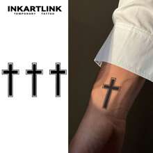 INKARTLINK Gothic Cross Temporary Tattoo | Dark Gradient Floral Design | Revolutionary 14-Day Waterproof Technology | Niche Faux Tattoo Stickers | Religious Retro Body Art | Party & Music Festival Accessories - Black - View 2