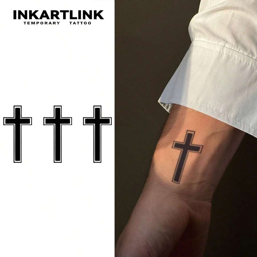 INKARTLINK Gothic Cross Temporary Tattoo | Dark Gradient Floral Design | Revolutionary 14-Day Waterproof Technology | Niche Faux Tattoo Stickers | Religious Retro Body Art | Party & Music Festival Accessories