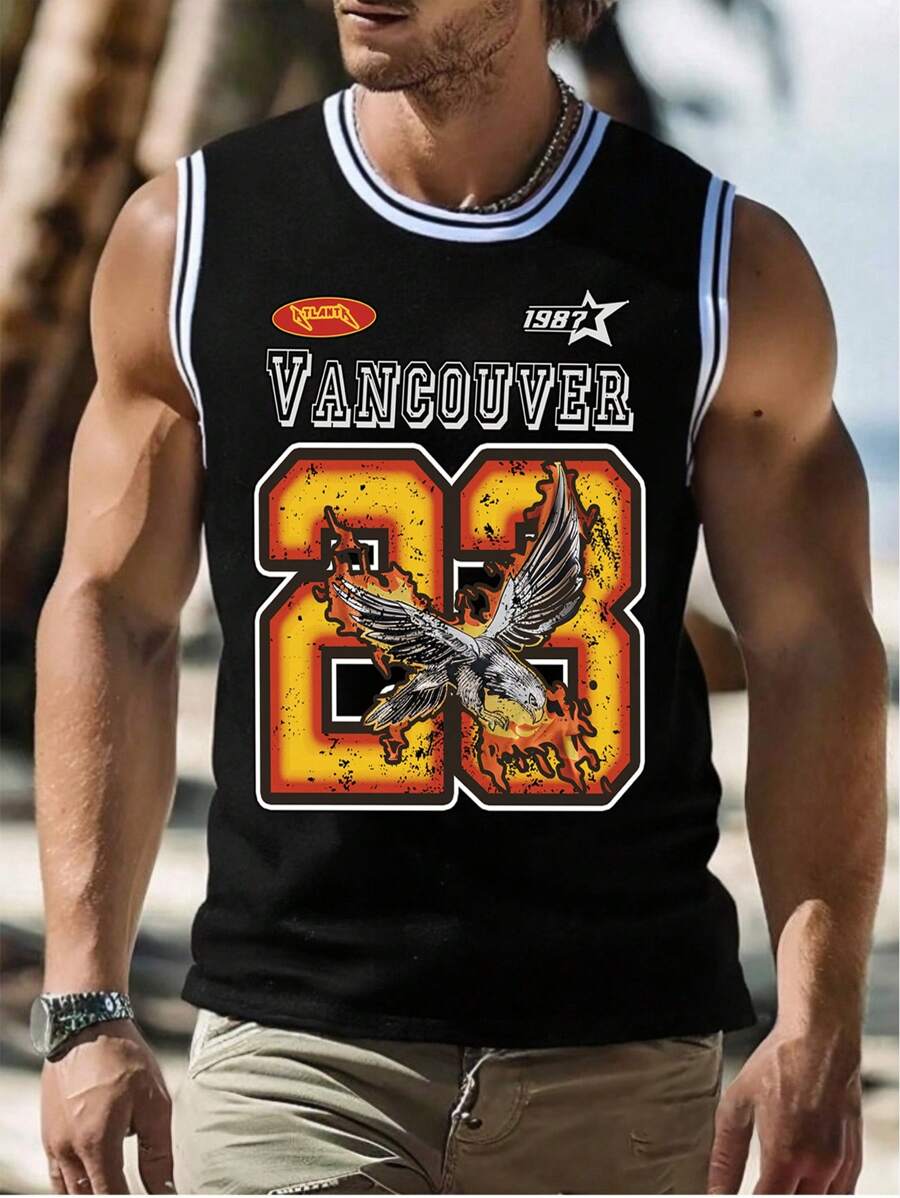 Lonblece Summer Men's Brand Handpainted Numeric Element Print Casual Sports Tank Top - Black - View 1