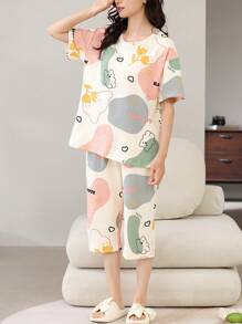 2 Potong Set Piyama Wanita, Atasan Lengan Pendek Motif Kelinci Lucu & Bunga, Celana Panjang 3/4 Kasual Modis, Cocok Untuk Musim Semi & Musim Panas - Aprikot - View 3