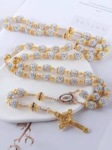 GO2CJBEADS 1pc Casual Catholic 10mm 59pcs Crystal Rhinestone Beads Golden Cross Necklace, Glass Rhinestones Clay Disco Ball Beads Catholic Jewelry Cross Pendant Long Sweater Chain Necklace - Z0020S - View 7