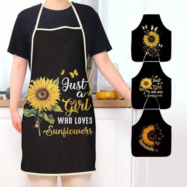 One Piece Stylish Sunflower Print Kitchen Apron - Durable Polyester For Cooking & Dining