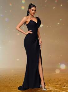 Smilprince Elegante vestido de noche con corte asimétrico en el cuello, ceñido al Body y abertura alta, vestido de fiesta formal con pliegues asimétricos, vestido de graduación para mujeres, vestido de noche formal, vestido de fiesta, vestido para invitada de boda - Negro - Ver 4