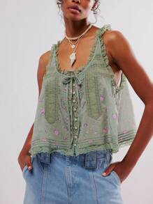 Women Lace Trim Vest Tank Tops Y2K Fairy Sleeveless Tie Button Front Sheer Mesh Crop Tops Summer Going Out Tops Cute Loose Fit Cami Shirt  Aesthetic Clothes - 綠色 - 查看 1