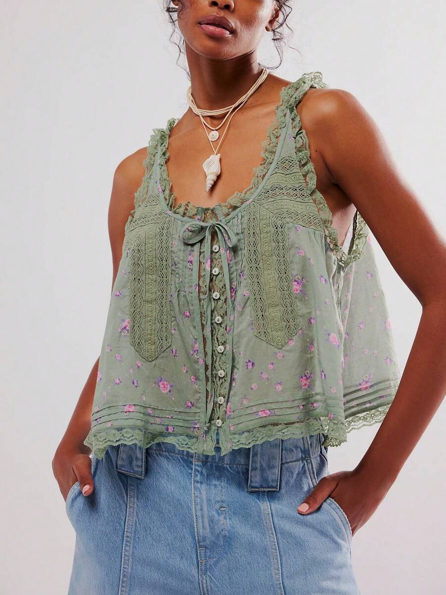 Women Lace Trim Vest Tank Tops Y2K Fairy Sleeveless Tie Button Front Sheer Mesh Crop Tops Summer Going Out Tops Cute Loose Fit Cami Shirt Aesthetic Clothes - 綠色 - 查看 1