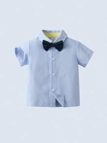 BOARNSEORL Baby Boys 2Pcs Gentleman Outfit: Short Sleeve Collared Shirt With Bowknot And Overalls Shorts, Fashion Stylish For Birthday Party, Wedding, Ceremony