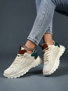 Women's Casual Sports Shoes, New Lace-Up Leather & Mesh Patchwork Breathable Lightweight Comfortable Sneakers, Chunky Sneakers, Thick Sole Non-Slip Outdoor Casual Walking Travel Shoes - Beige - View 2