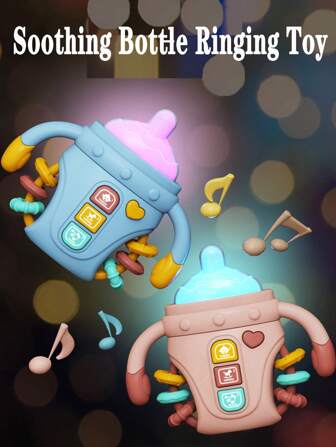 1 个婴儿奶嘴和铃鼓玩具，咀嚼硅胶，安抚，形状识别，颜色感知，抓握，手指按压，听觉训练，多功能带灯光和音乐，舒缓婴儿情绪，新生儿铃铛玩具