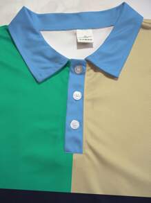 1 Set Plus Size Men Short Sleeve Shirt With Buttons, Contrast Colored Top Suit, Fashionable Casual Daily Polo Collar Tee, Elastic Waist Drawstring Shorts, 2 Pieces Set