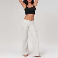 Womens Flare Leggings Fold Over Yoga Pants Y2K Low Rise Wide Leg Sweatpants Bell Bottom Buttery Soft Leggings - 灰色 - 查看 6