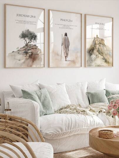 3 Pieces Chapter Canvas Poster Jesus Figure Hanging Picture Nature Scenery Picture Boho Wall Art Fashion Hanging Pictures Christians Favorite Gift Living Room Office Study Bedroom Wall Decor No Frame Gifts Birthday Graduation