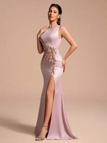 Elegant Long Slit Sequin Floral Print Party Dress - Baby Pink - View 4