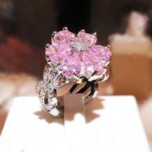 1 件女士银色合金订婚戒指，带锆石花朵装饰，适合日常佩戴、订婚、婚礼、派对、周年纪念、情人节、生日礼物 - 粉色 - 查看 13