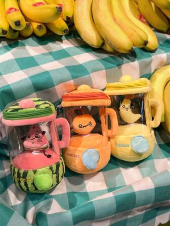 [15cm Simulation Juicer Keychain] Choose From 3 Models: Banana/Watermelon/Orange! Pull Cord To Rotate, Fashionable Texture, Cute Kitchen Toy ~ Back To School