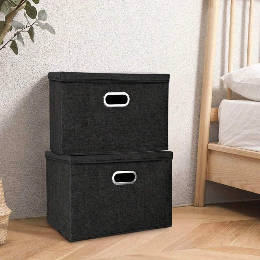 Storage Boxes With Lids 45x30x30cm Large Collapsible Storage Baskets For Shelves Foldable Linen Fabric Storage Bins With Handle Cube Storage Unit For Organizing Clothes Toys (Gray) - Black - View 1