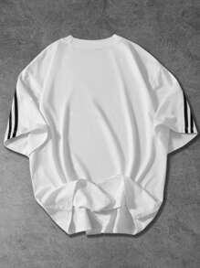 Shwiy Men's Summer Sporty Fashion Black Tape Short Sleeve T-Shirt With Brazil Flag, Letter & Star Print, Casual School/Daily Wear, White Color, Boyfriend Gift