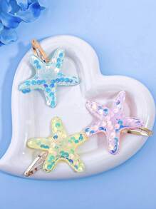 6 件海星发夹，闪光海星发夹海星发饰亮片按扣发夹海滩海星发夹适合女孩（粉色、蓝色、黄色）