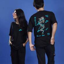 男女通用时尚休闲通勤街头风春夏龙印花圆领短袖 T 恤 - 黑色 - 查看 6