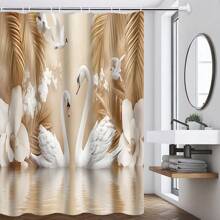 1/4pcs Elegant Swan Print Waterproof Shower Curtain Set With 12 Hooks, Floral And Golden Decorative Elements, Bathroom Decor Curtain With Toilet Cover, U-Shape Mat, Modern Home Bath Accessory, Machine Washable
