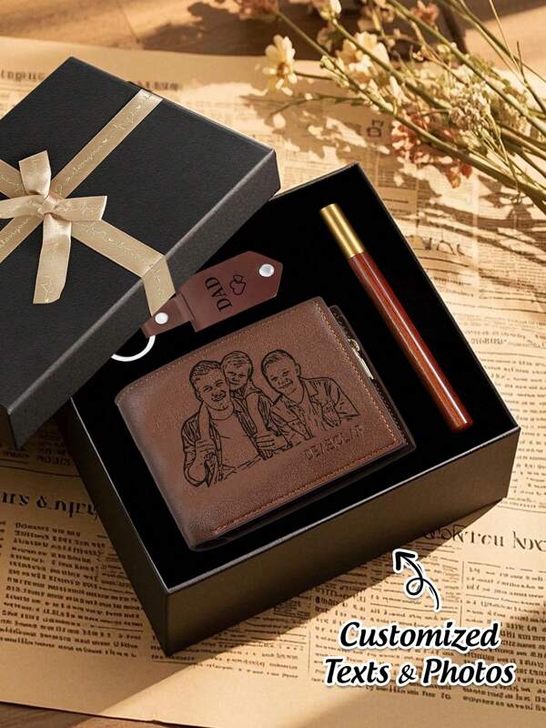 1pc Personalized Wallet Gift Set, Customized Photo Text Wallet Gift Box, Bag Leather Keychain, Ballpoint Pen And Packaging Box, Father's Day Wallet Gift Box For Dad, Husband's Anniversary Gift, Valentine's Day Gift, Boyfriend/Husband/Father's Christmas Gift, Men/Father's Holiday Gift Box/Birthday Gift, Retro, Business Leisure, Commuting Ideal Gift, Ideal Gift For Birthdays, Holidays, Business/Commuting/Work/Office, School, Engraved,Stainless,Colorful,Cute,Adorable,Funny,Kawaii,Y2K,Stylish,Unisex,Casual,Custom,Personalized,Unique,Customized,Ideal Gifts For Him,Ideal Gifts For Her,Her,Boyfriend,Girlfriend,Family,Friends,For Anniversaries,For Valentine's Day,For Mother's Day,For Birthdays,For Children's Day,For Father's Day,For Graduation,For Weddings,For Housewarming
