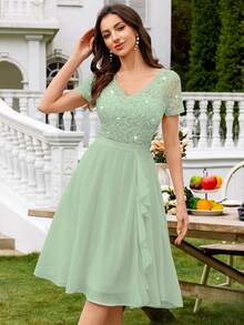 MIUSOL V领亮片花卉蕾丝荷叶边雪纺舞会派对摆裙，优雅女士派对礼服，适合正式派对、度假、返校节、毕业典礼等场合 - 薄荷綠 - 查看 4