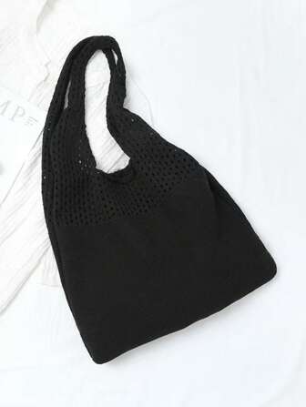 Minimalist New Vintage Hollow Knitted Shoulder Shopping Tote Bag, Large Capacity Casual Woven Shopper Handbag