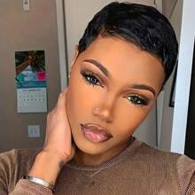 4-Inch Short Straight Layered Remy Human Hair Wig, 150% Density, Malaysian Remy Hair, Black, Elegant Pixie Short Wig For Women - 黑色 - 查看 5