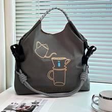 Women's Shoulder Bag, Stylish And Elegant, Nylon Bag, Embroidered Coffee Pot Pattern, Cloth Bag, Large Capacity, Lightweight, Foldable Storage, Crossbody Bag, Handbag, Commute, Travel, School, Leisure, Fashion Street Photo, Holiday Gift Large Capacity Tote
