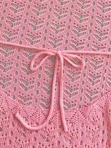 Women's Mid-Length Crew-Neck Hollowed-Out Backless Holiday Slim-Fit Knit Dress With Flared Sleeves Beach Cover Ups Crochet Mesh Bathing Suit Knot Dress Long Sleeve Backless Knitted Up Swimwear Mini Coverups Vacation Outfit, Spring Summer Fall - Pink - View 10
