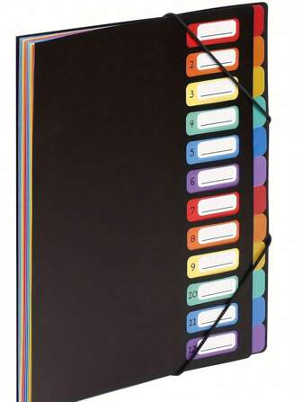 A4 Expanding File Folder With 12 Pockets - Portable, Durable PP Desk Organizer With Elastic Closure For School And Office Supplies, Black, Plastic, Desk Organizer,Back To School,School Supplies