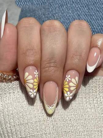 Uñas postizas de largo medio con estampado floral francés de color rosa claro, estilo punk removible de 24 piezas, decoración de arte de uñas, conveniente para viajar y vacaciones