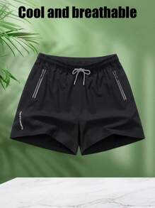 Shorts Esportivos Casuais de Verão Masculinos - Preto, com Bolsos com Zíper, Adequados para Corrida, Caminhada e Atividades ao Ar Livre, Vestuário Esportivo Outdoor | Shorts de Estilo Casual | Shorts com Zíper