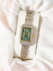 CARYINO 1pc Women Stainless Steel Watch Band, Dual-Tone Gold & Silver Color, Square Small Dial With Embedded Diamonds, Elegant & Versatile For Business & Casual, Precise Quartz Movement, Suitable For Daily Wear - Multicolor - View 2