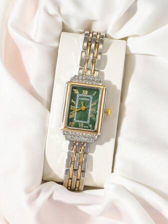  CARYINO 1pc Women Stainless Steel Watch Band, Dual-Tone Gold & Silver Color, Square Small Dial With Embedded Diamonds, Elegant & Versatile For Business & Casual, Precise Quartz Movement, Suitable For Daily Wear