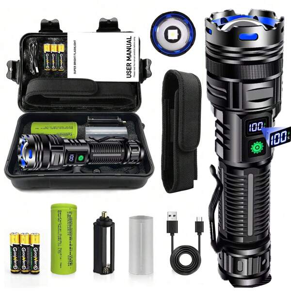 Poslani 100.000 Lumen LED Taschenlampe, wiederaufladbar, 100.000 Lumen LED-Taschenlampen XHP70.2 USB Super Bright, Hochleistungs-Handlampen für Notfälle und Camping, IP67 wasserdicht